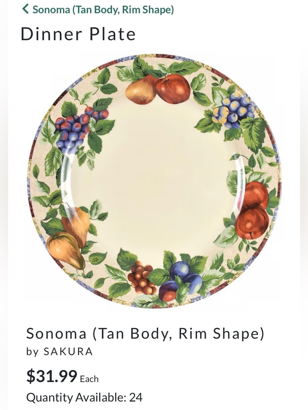 Sakura “Sonoma” Set of 2 Dinner Plates excell fruit pattern - Picture 5 of 5